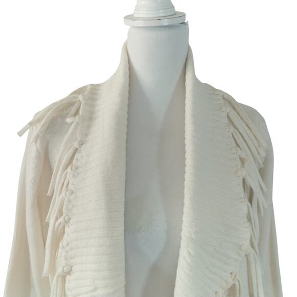 7TH AVENUE! VANILLA CREAM FRINGED, FINELY KNIT, POCKETED CARDIGAN SWEATER! SZ XS - Picture 5 of 12